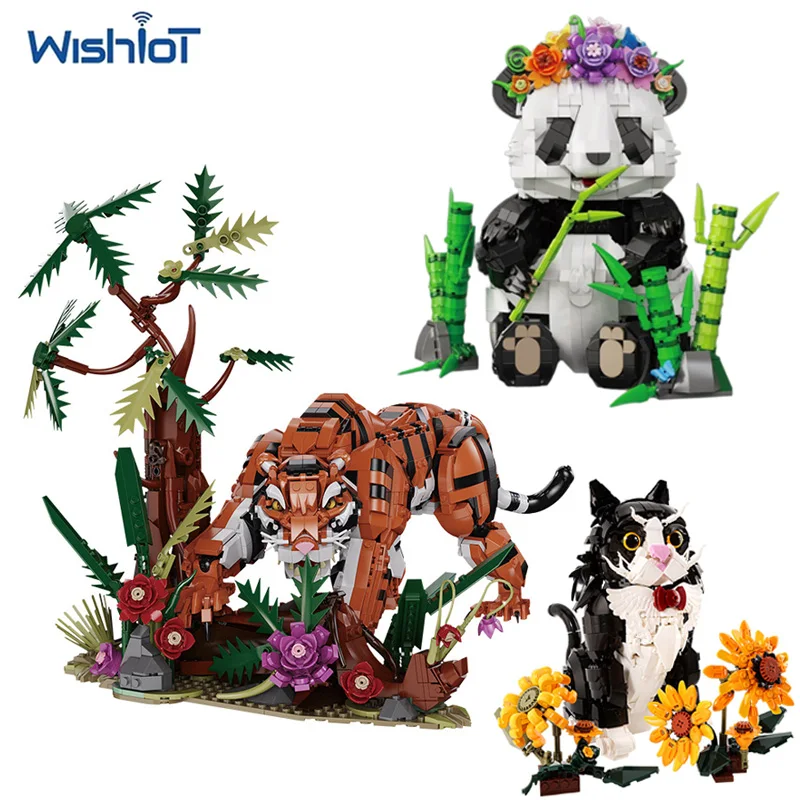 

MOC Forest Animal Tiger Small Building Blocks Kit Creative Flower Panda/Cat Educational Assembly Model Bricks Toys Holiday Gifts