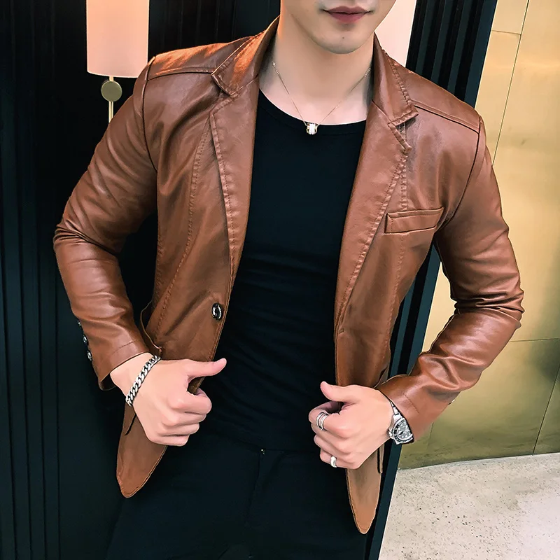 Suit Collar Slim Fit Jackets 2026 Mens PU Leather Jacket and Coats New Spring and Autumn Men Business Casual Classic Pu Leather