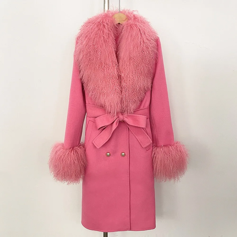 حار مبيعات النساء الكشمير معطف الصوف الحقيقي الأغنام المنغولية الفراء طوق كم الفراء سترة السيدات الخريف الشتاء أزياء طويلة أبلى