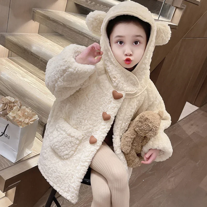 Cappotto per ragazze autunno inverno velluto di agnello giacca con cappuccio in lana per bambini bambino bambini addensato tinta unita lungo capispalla bambino da 2 a 8 anni