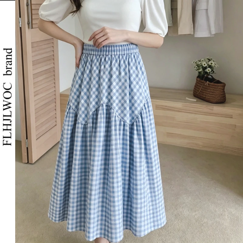 Blue Black Plaid Skirts New Cute Girls Woman 2026 Spring Retro Vintage Preppy Style Elastic High Waist A Line Cotton Skirt