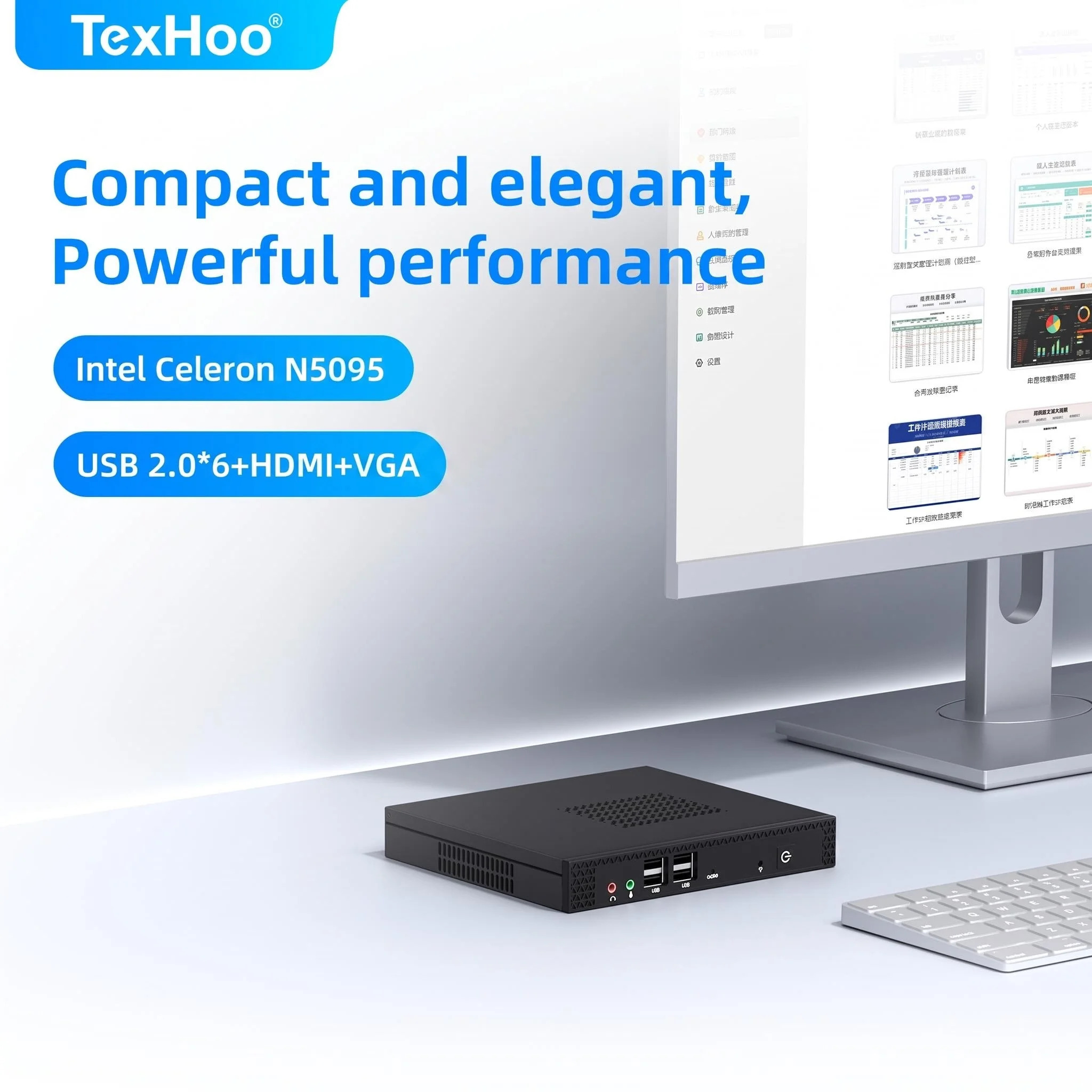 Texhoo MINI PC Intel Celeron N5095 16G DDR4 256G SSD Windows 11 Desktop Mini Computers WIFI5 BT4.0 Dual 4k Display
