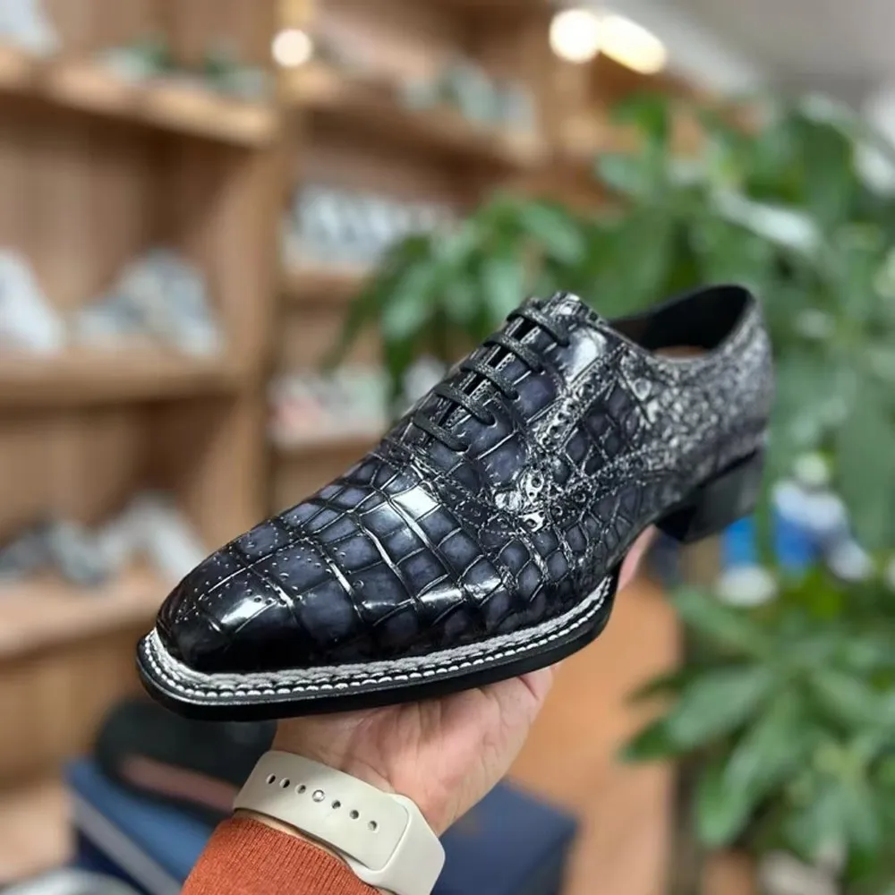 yinshnag new men dress shoes navy brush color male formal shoes men crocodile shoes Norwegian stitch
