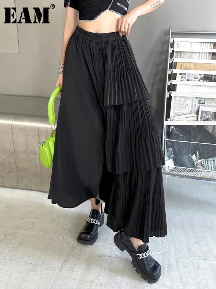 

[EAM] High Elastic Waist Black Irregular Pleated Cake Long Half-body Skirt Women Fashion Tide New Spring Summer 2024 1DD9557