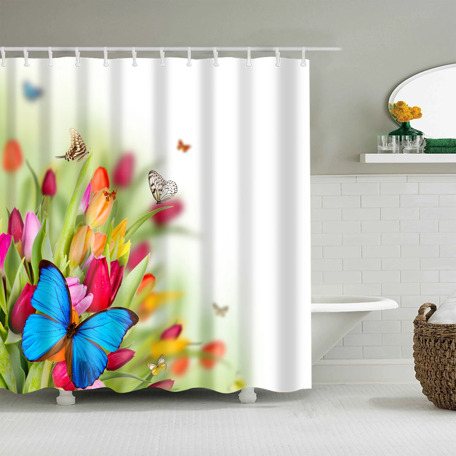Flower Painting Printed Mildew Proof Polyester Shower Curtains Washable Waterproof Shower Curtains for Bathroom Home Decor