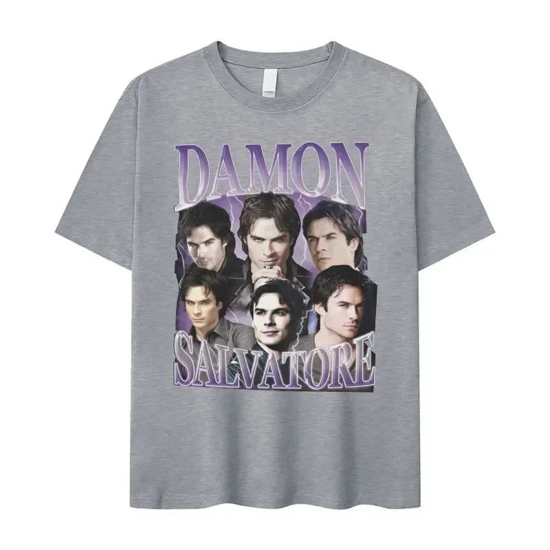 Damon Salvatore Ian Somerhalde TV Drama Pattern Men's T-shirt Retro Gothic Style Loose Women's Street Wear T-shirt