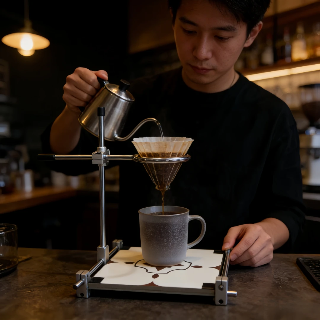 Handcrafted pour-over coffee stand. Adjustable height, customizable design, perfect for cafes and coffee lovers.