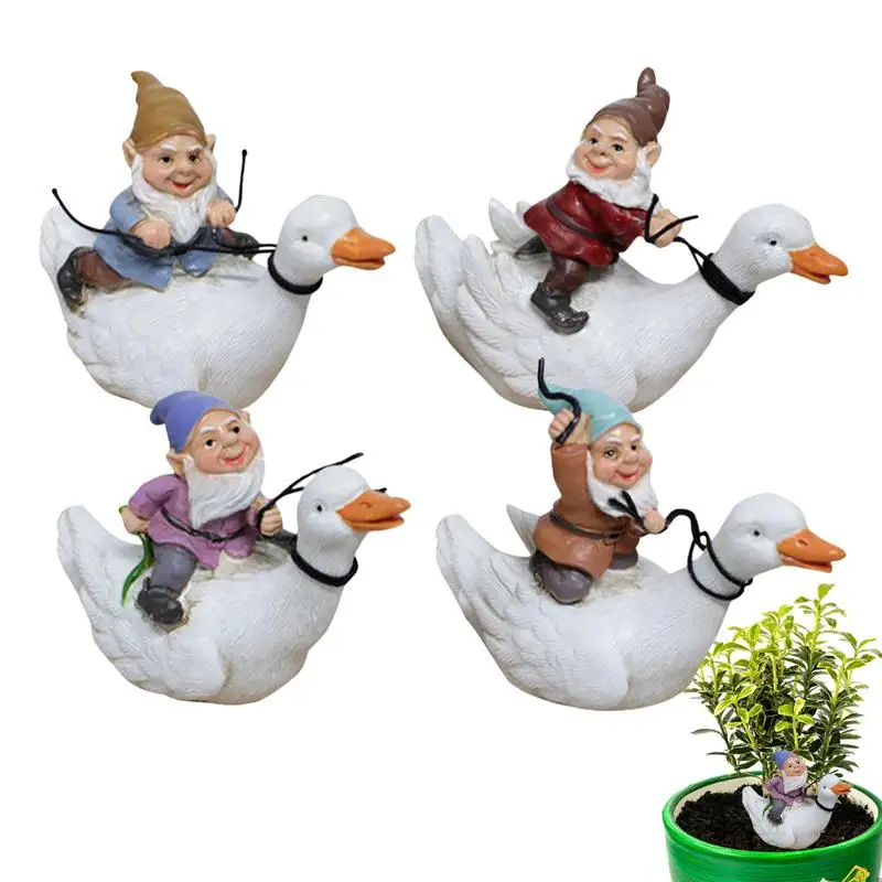 

Garden Gnome 4pcs Dwarf Sitting On Duck Gnome Doll Elf Doll Figurine Dwarf Doll Miniature Doll For Garden Party Decoration