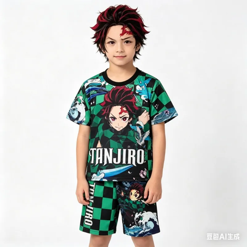 Demon Slayer Kyojuro Rengoku Flame Hashira - Conjunto de 2 piezas: camiseta de manga corta y pantalones cortos a juego con estampado de anime, ropa informal para estar en casa