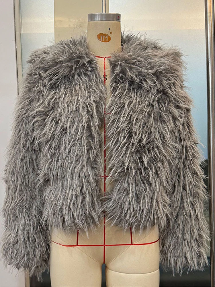 Elegante casaco curto de pele feminino manga cheia engrossar o pescoço ponto aberto casacos de festa feminino 2025 moda outono inverno outwear