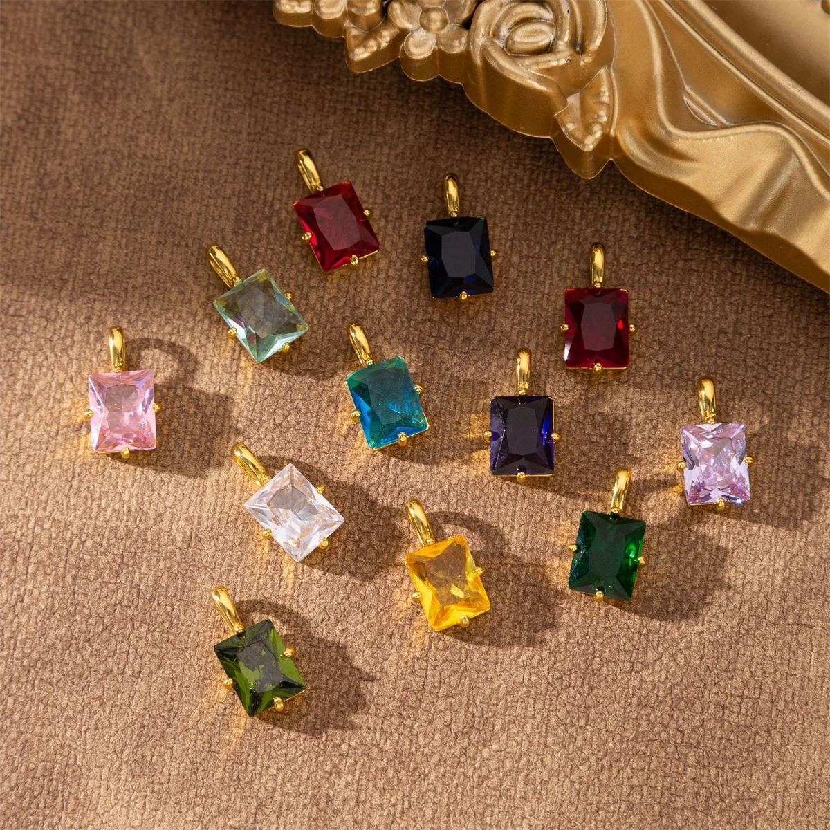 Minimalism Stainless Steel Prongs Set 12‑Month Birthstone Pendant Charms Emerald Cut Zircon DIY Charm Bracelet Jewelry Accessory
