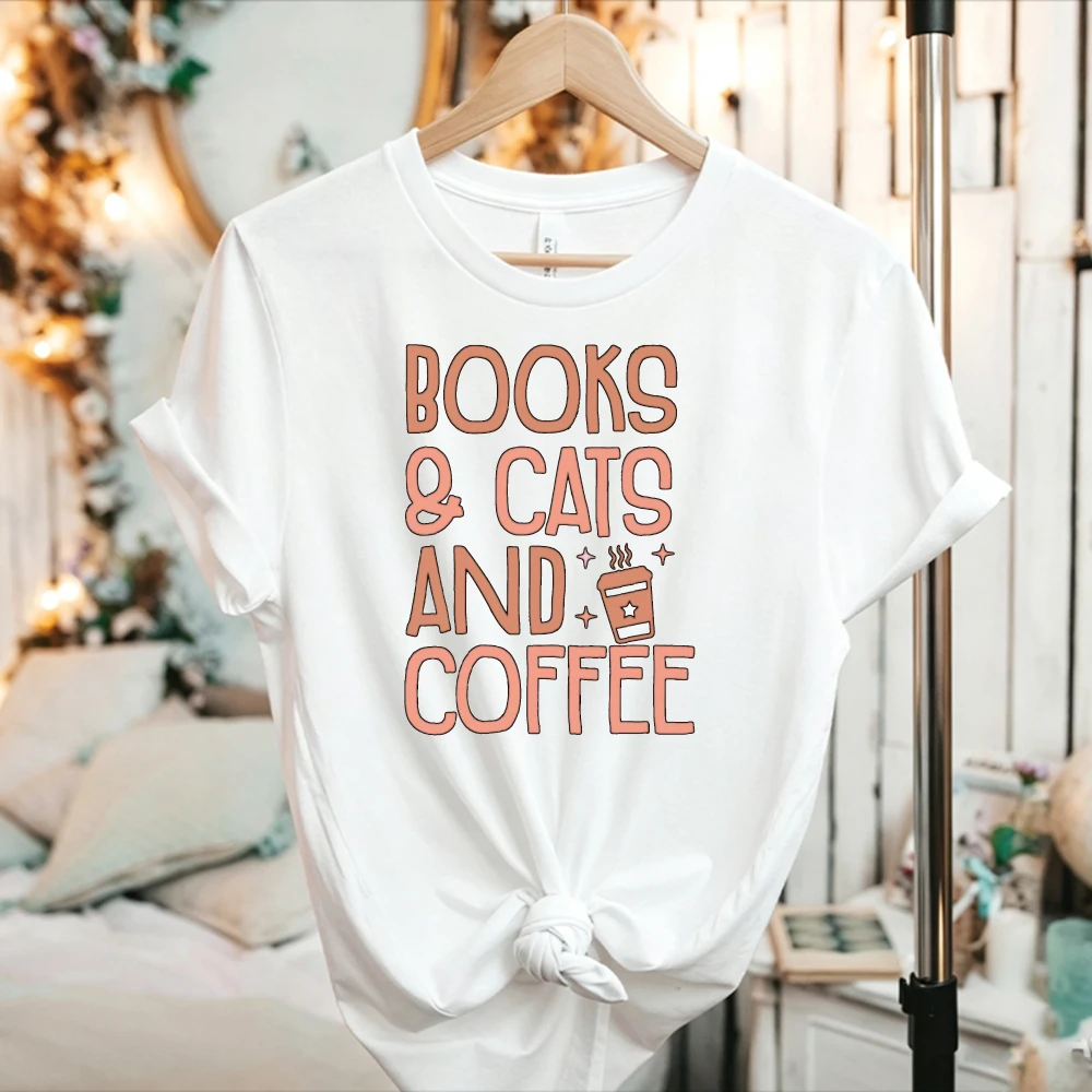 Books Cats and Coffee Graphic T Shirt Reading Cat Lover Gift Bookworm Coffee Shirt Cozy Reader Tee Cute Book Cat Coffee Top
