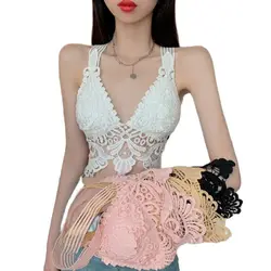 Hook Flower Hollow Lace Summer Spice Women Sexy Hotsweet Black Deep V Outside Wearing Tank Tops Bottom Inside Bra B3398