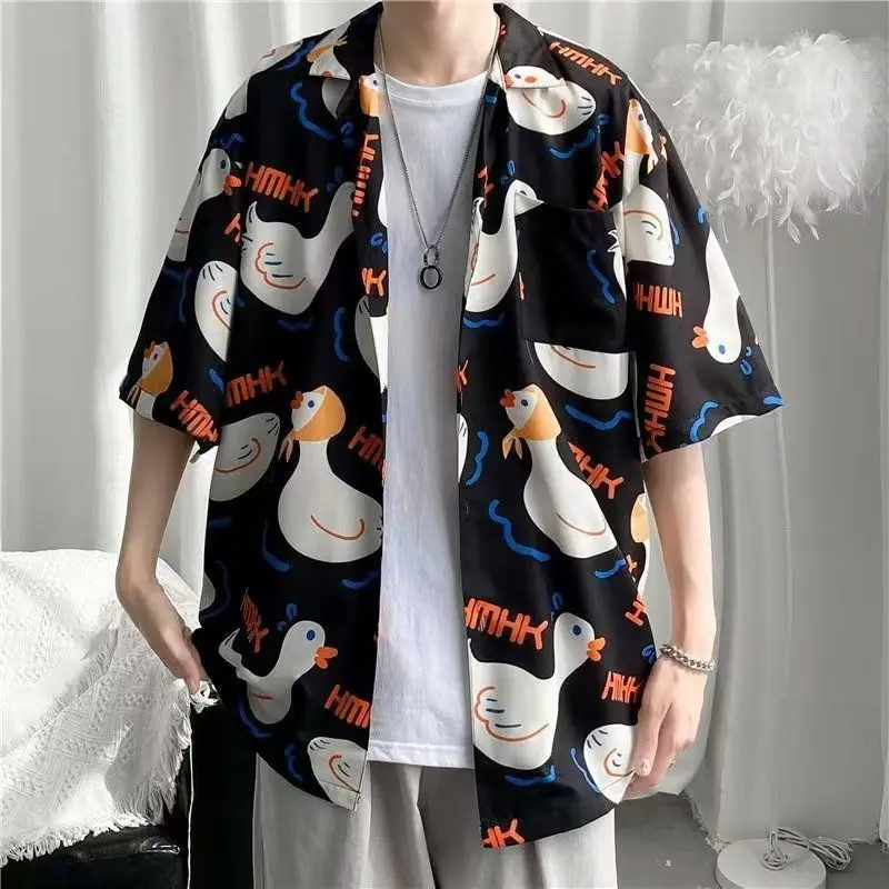 Fairy Tale Cute Duck Anime Button Up Shirt Kawaii Teenage Cool Beach Tops Oversized Loose Casual Men Women Streetwear Summer Tee