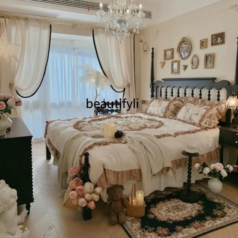 

X Retro solid wood bed master bedroom double bed, bedroom, black, simple, double