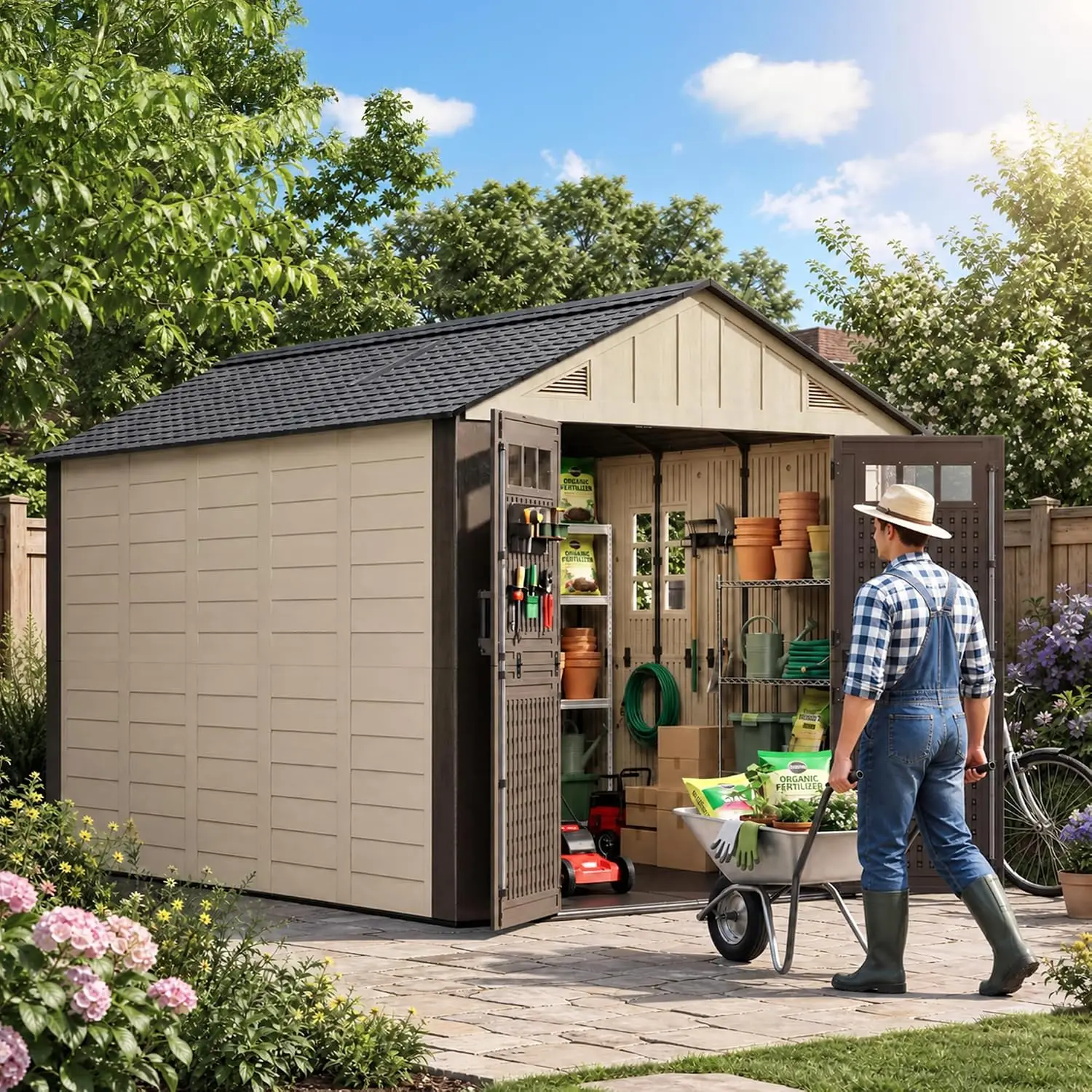 8x12 FT Resin Outdoor Storage Shed with Floor, Plastic Garden Tool Shed, Patio Backyard Organizer, Customized