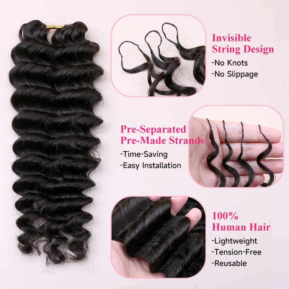 100% Human Hair Pre-looped Feather Crochet Extension Natural Black Loose Deep Wave Pre-Separated Knotless Invisible Crochet Hair For Braid Soft Fluffy Daily Wear Heat Resistant Women