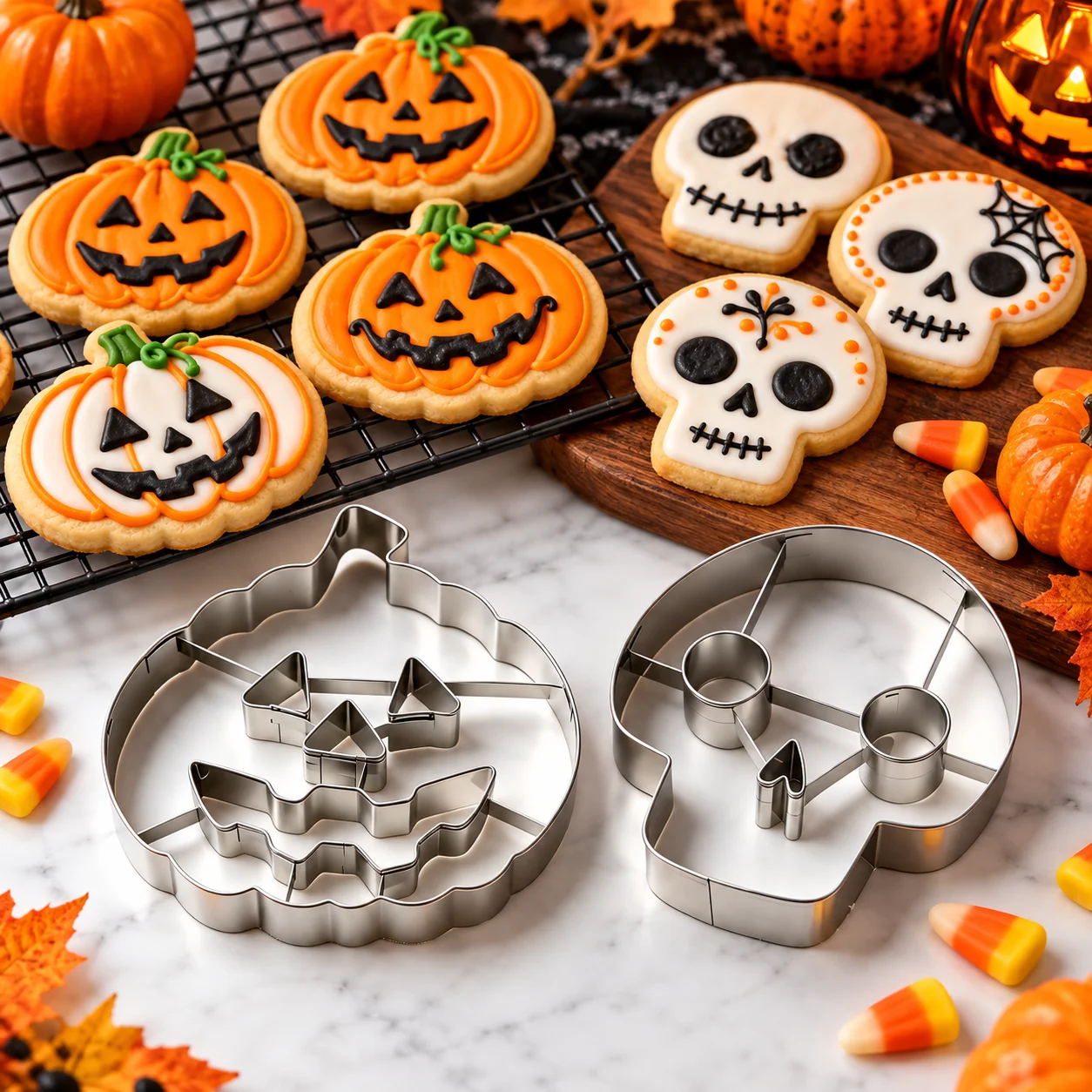 2PCS Halloween Cookie Cutter Set Food-Safe Stainless Steel 3D Pumpkin Skull Shapes for Biscuit Pastry Home Holiday Baking Party