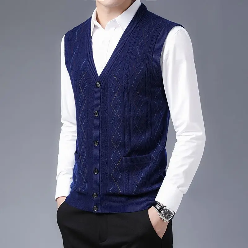 

Мужской новый весенне-осенний шерстяной кардиган, жилет без рукавов, свободный крой, Argyle, жилет на пуговицах с v-образным вырезом и карманами, повседневный трикотаж для мужчин