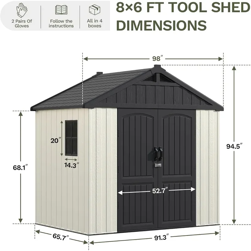8 x 6 FT Resin Storage Shed with Floor Outdoor Plastic Shed