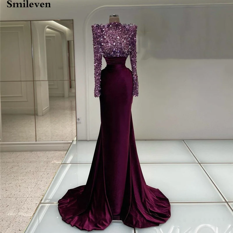 Smileven Purple Saudi Arabia Mermaid Evening Dresses Beading Crystal Pleats Prom Dress Modern Party Dress 2023