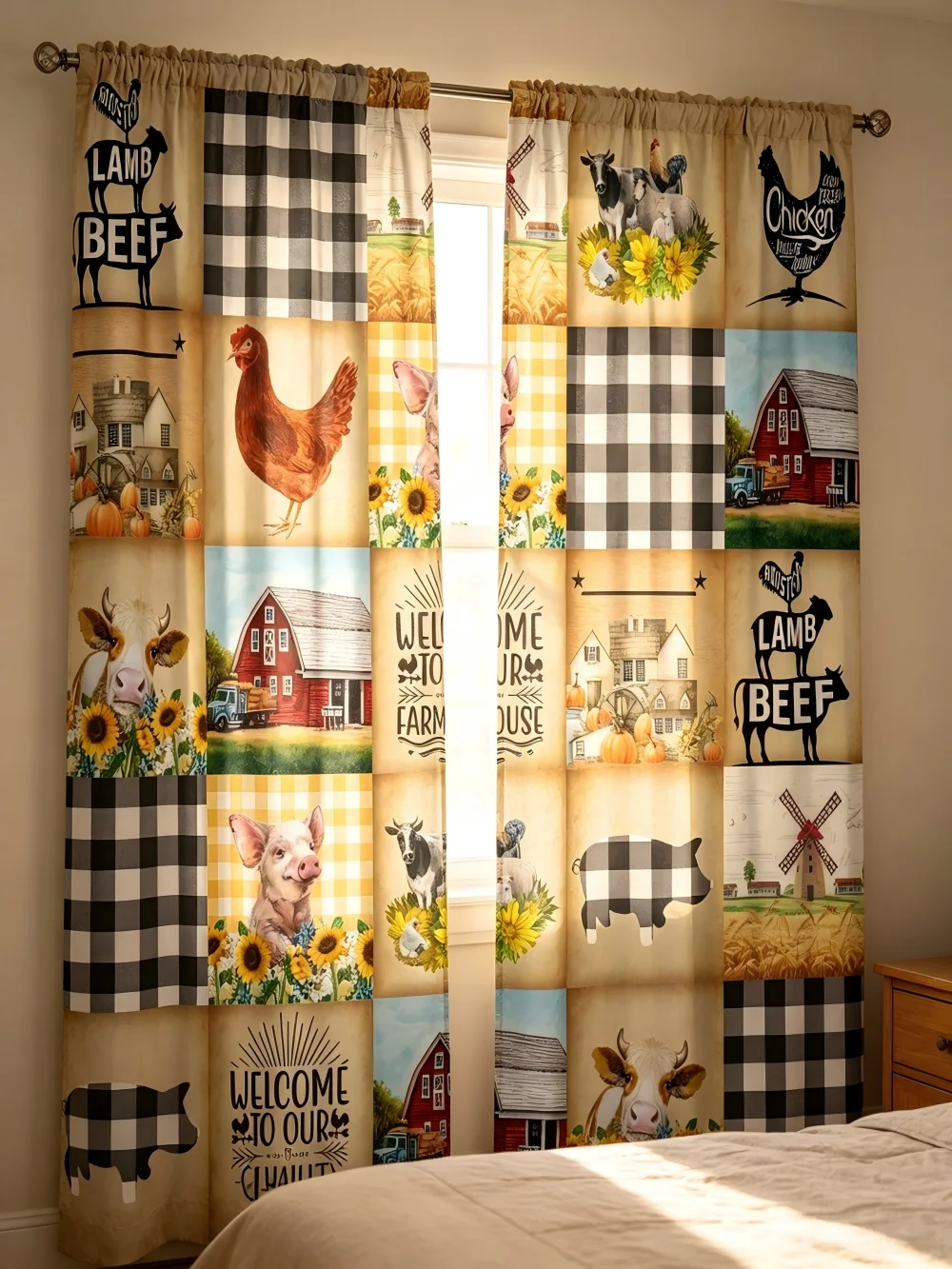 2PCS Farm Curtains, Farm Animal Patchwork, Digital Print, Bedroom Living Room, Office, Kitchen, Polyester, Dining Room