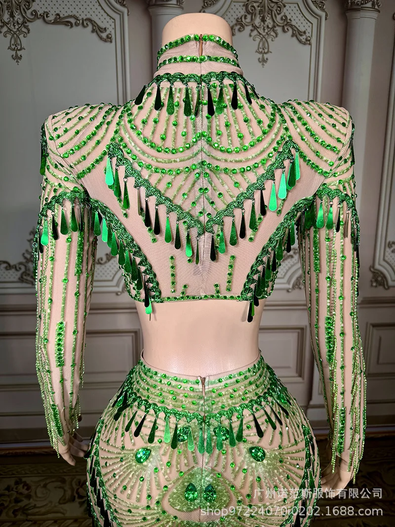 Verde Bianco Temperamento Moda Due pezzi Azienda Riunione annuale Cerimonia di premi Abito da sera Abito da canto per palcoscenico di gruppo da donna