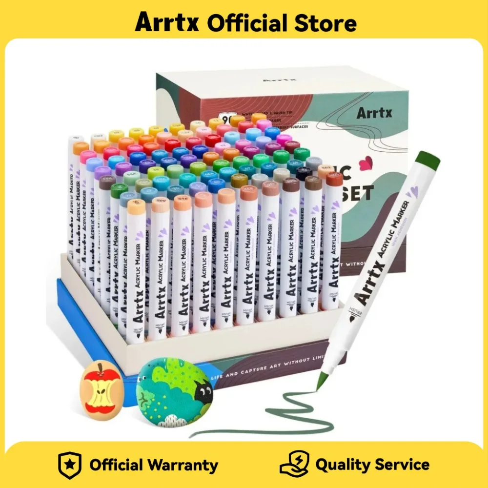 New Arrtx Acrylic Markers 90 Colors Brush Tip Paint Pens Water Based Ink No Toxic Waterproof for Rock Painting Wood Stone Glass