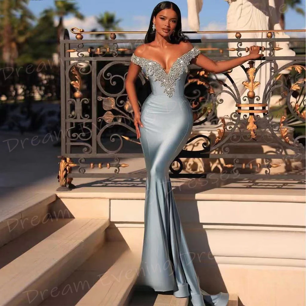 Popular Modern Mermaid Graceful Women's Evening Dresses Charming Off The Shoulder Sleeveless Prom Gowns Beaded Vestido De Noche