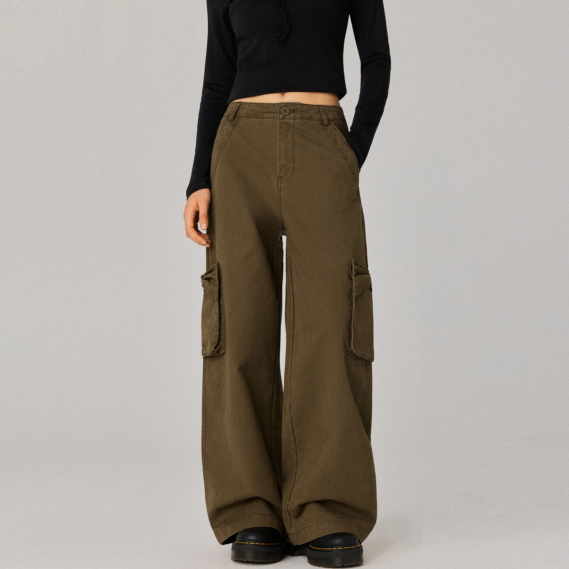 YESCCI Women's Pants Autumn New Vintage Wide Leg Cargo Trousers Mid Rise Loose 3D Bow Pockets Cotton Pants For Woman Y716081019