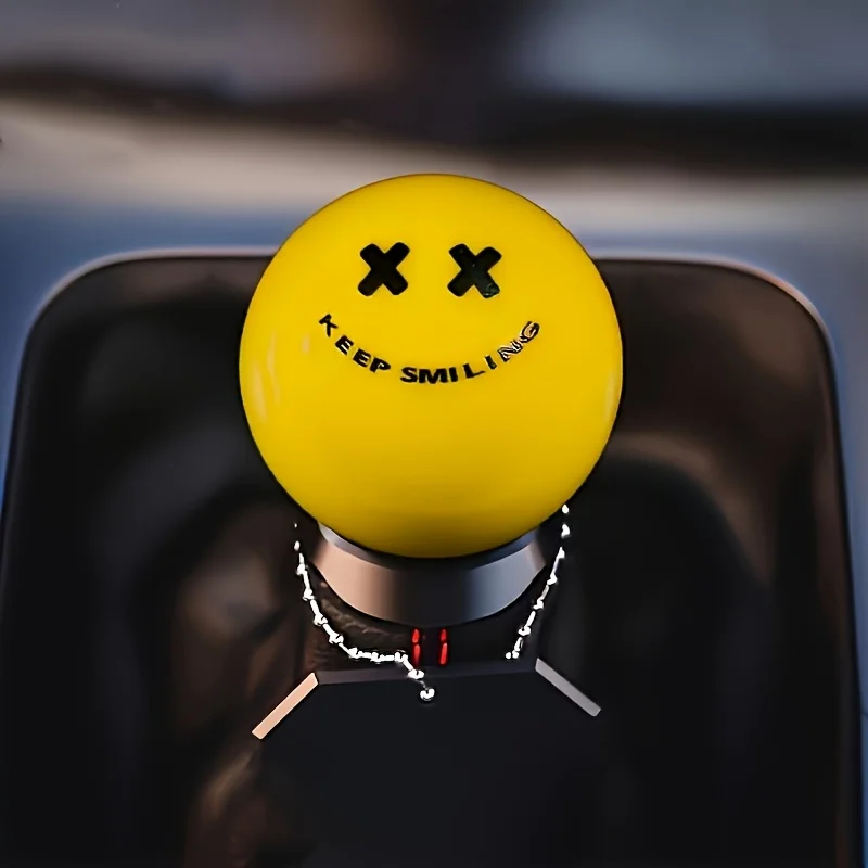 Keep Smiling Yellow & Black Gear Shift Knob - Manual Transmission Lever Head with joyful Face Design, JDM Style Car Interior