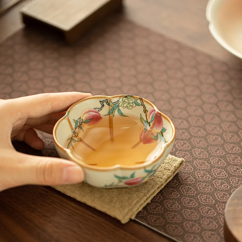 100ml Ru Kiln Flower Petal Tea Cup Creative Nine Peaches Master Cup Tasting Mug Vintage Tea Bowl Personal Cup Teaset Collection