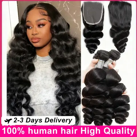 12A Gevşek Dalgalı Gerçek Saç Demetleri 4x4 Kapama ile Hint Saç Ekleri 3/4 Demetler Dantel Kapama ile Dalgalı Gerçek Saç Ekleri