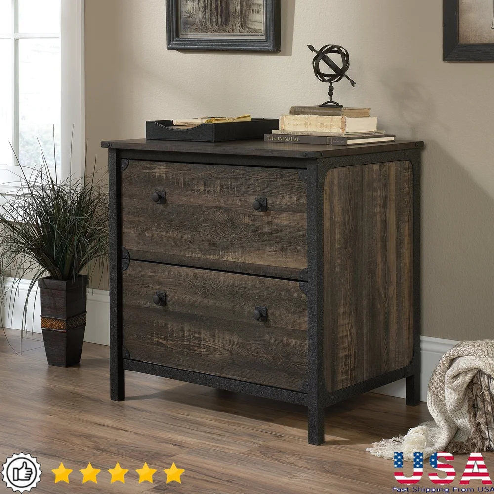 

Боковой картотечный шкаф с двумя ящиками, блокирующийся механизм безопасности, направляющие с полным выдвижением, отделка из углеродного дуба, металлические акценты для офиса