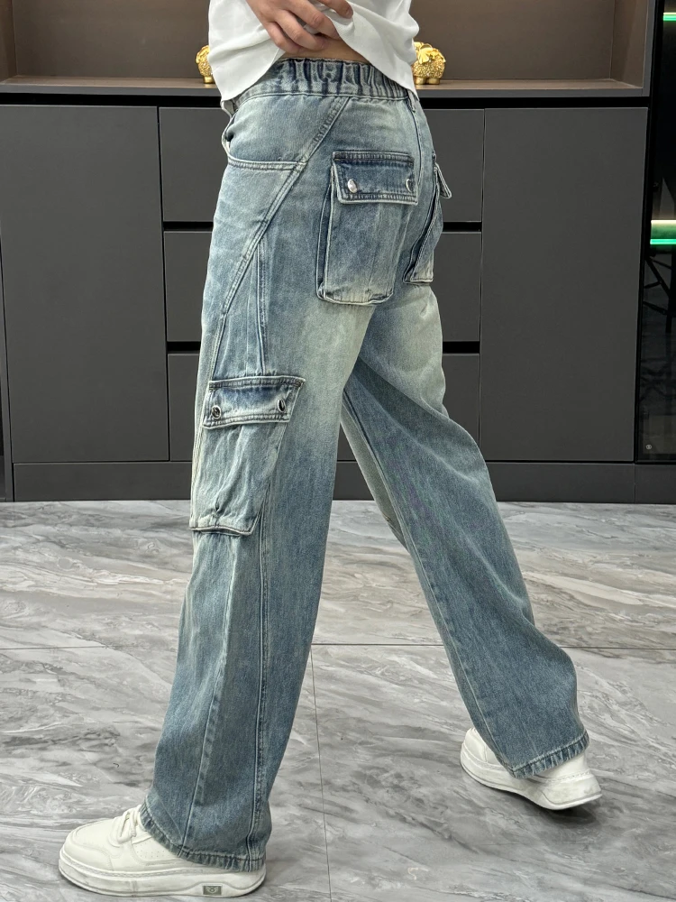 Retro Workwear Jeans Men's Autumn Winter Trend Loose Straight Leg American Large Pocket Patchwork Long Trousers
