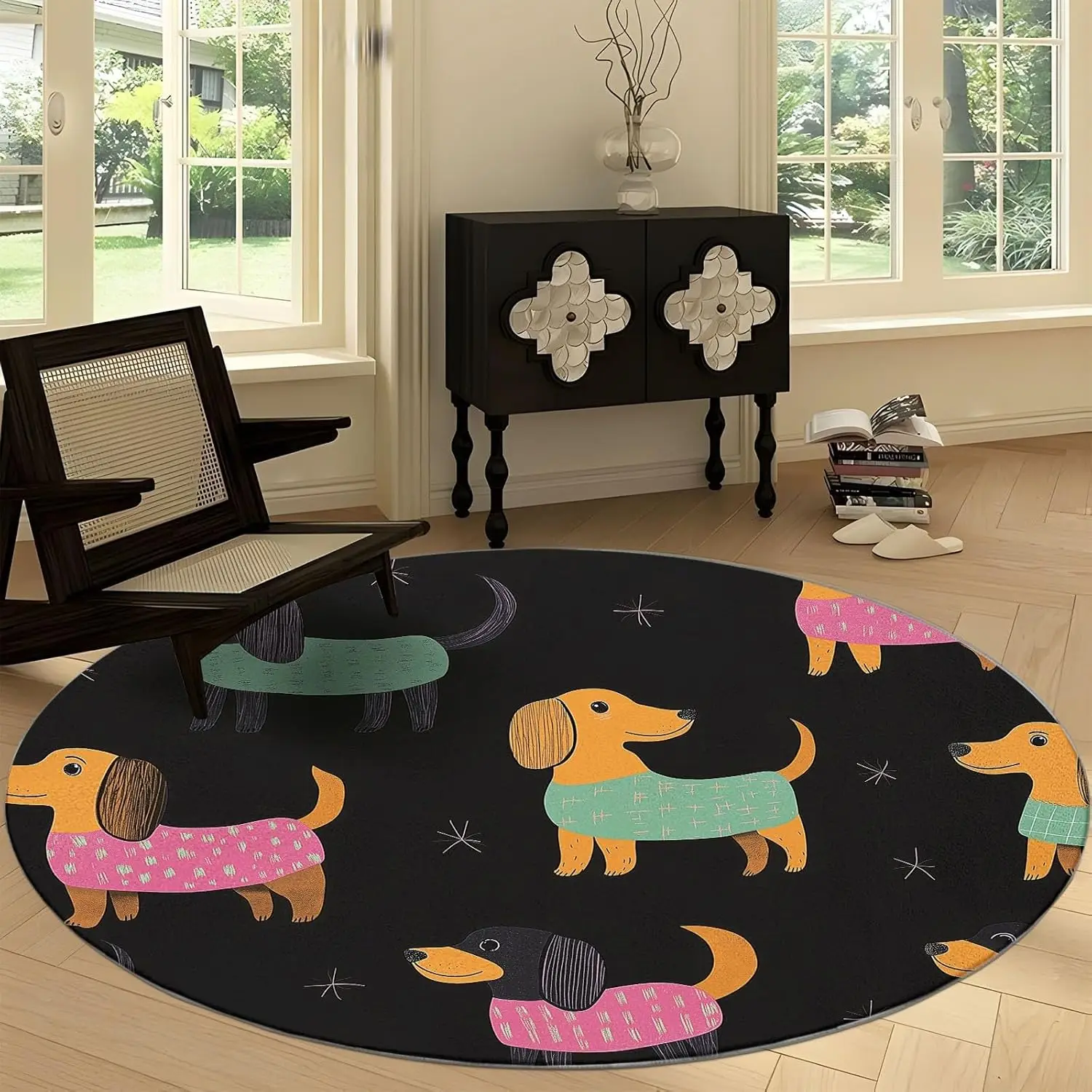

Cartoon Animal Dachshund Print Round Area Rug, Minimalist Style Washable Circular Carpet Runner - Non Slip Circle Rug Carpet