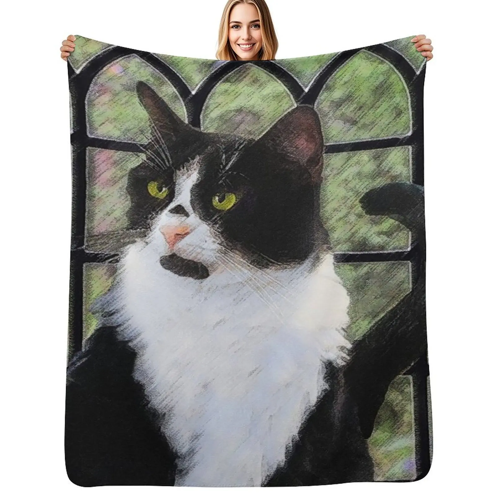 

Tuxedo Cat in Window Throw Blanket Multi-Purpose Hair Bed covers Soft Big Blankets