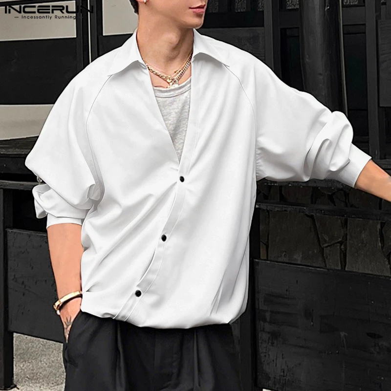 

INCERUN Мужская рубашка сплошной цвет с лацканами и длинными рукавами на пуговицах повседневная мужская одежда свободная уличная одежда в корейском стиле модные мужские рубашки