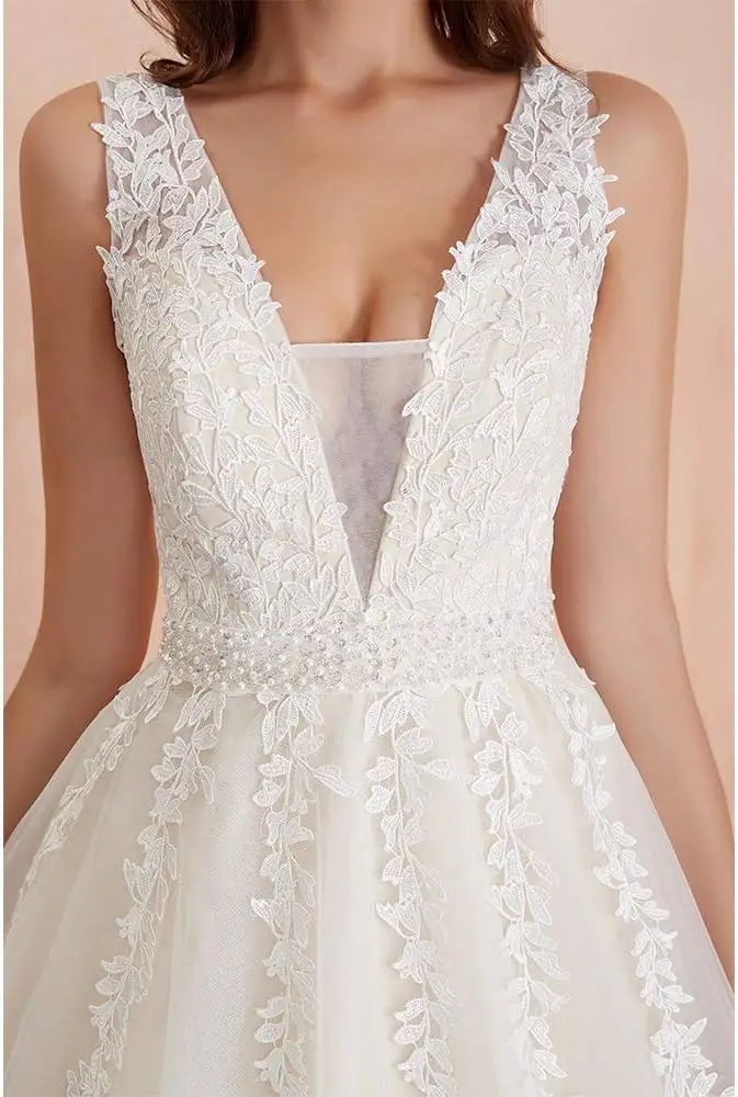 Women's Wedding Dress for Bride Lace Applique Evening Dress V Neck Straps Ball Gowns simple wedding white dress