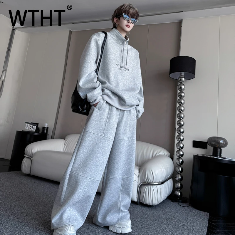 

WTHT модный мужской костюм с буквенным принтом, футболки с воротником-стойкой и высокой талией, широкие свободные брюки, мужской осень 2023, 2A1588