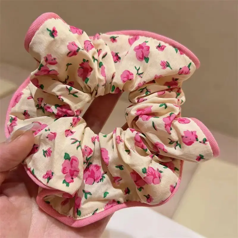 Korean Fashion Floral Plaid Scrunchie Women Girls Flower Elastic Hair Rubber Bands Accessories Tie Hair Rope Headdress Headwear