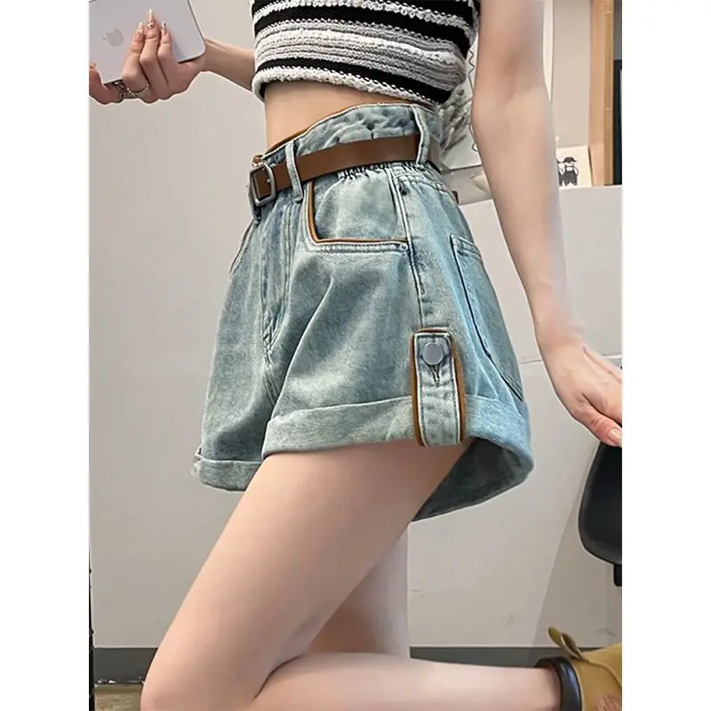 

Женские эластичные джинсовые шорты трапециевидной формы с высокой талией для горячих девушек, свободные вьющиеся широкие джинсовые шорты с цветочным бутоном