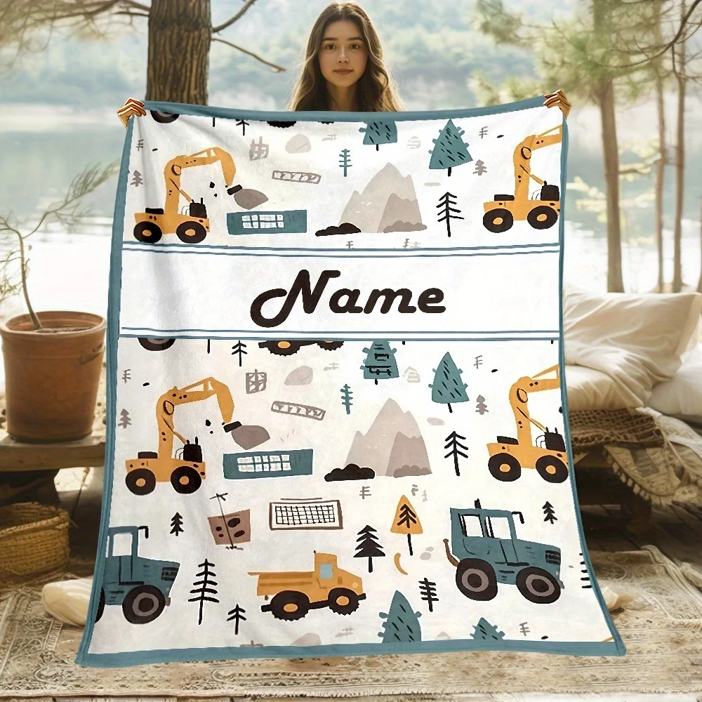 1Pc Custom Name/Text Construction Vehicles Pattern Flannel Blanket, Soft and Comfortable,Suitable for Office, Home, Holiday Gift