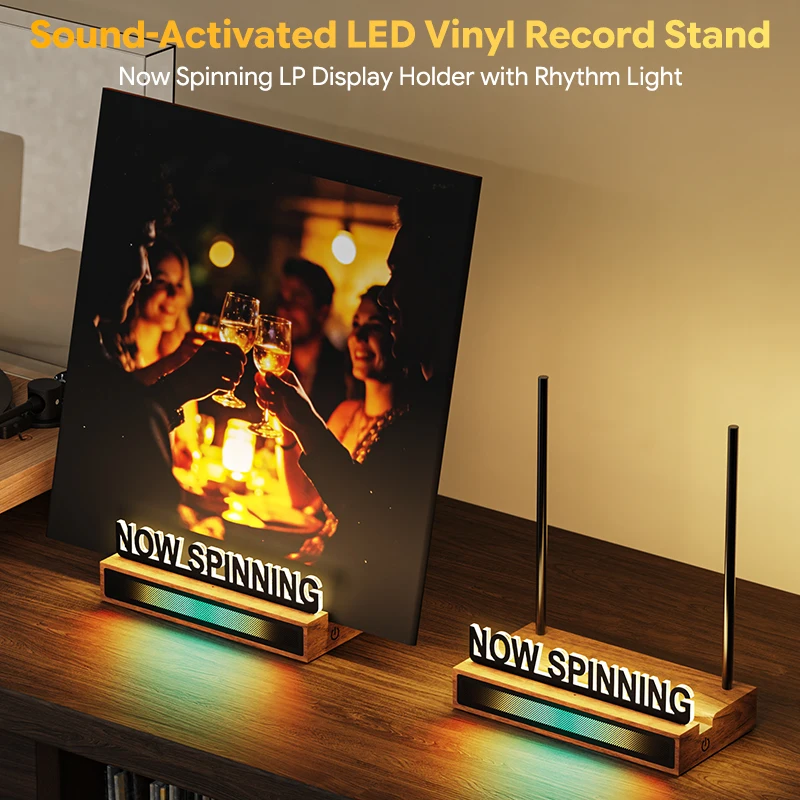 Now Spinning Vinyl Record Stand with Warm White LED & RGB Sound-Control Light Bar, Light-Up Vinyl Display Holder with Fingerprin