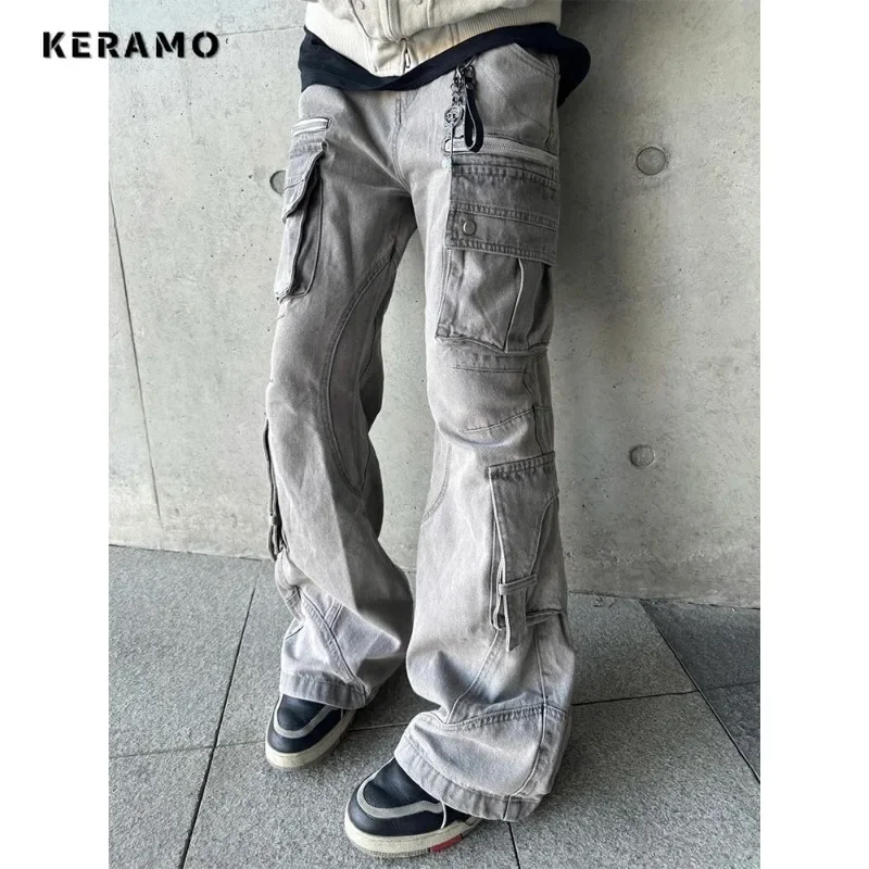 Feminino casual retro perna larga baggy emo denim calças harajuku cintura alta solta jeans streetwear y2k sólido clube 2000s calças