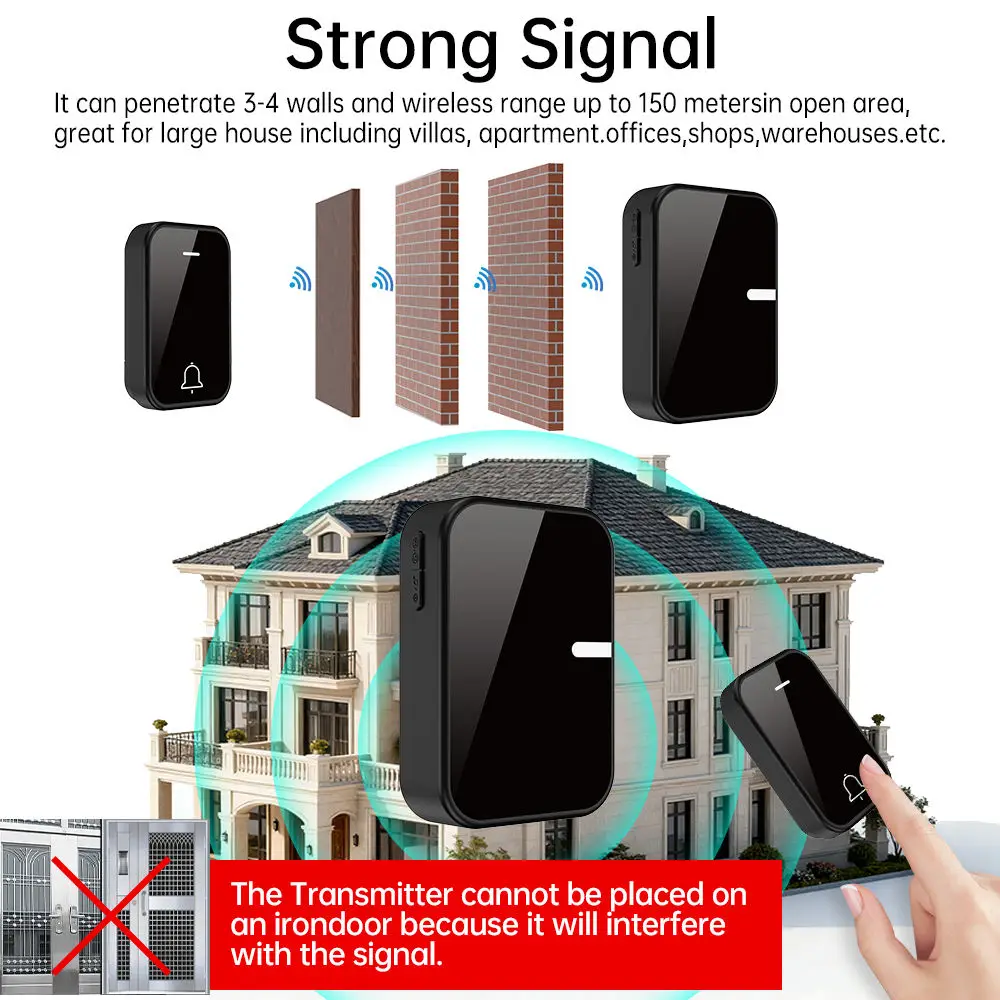 Campanello wireless certificato SIXWGH di nero Avviso impermeabile senza batteria per kit da 1 a 2 appartamenti, uffici e camere d'albergo