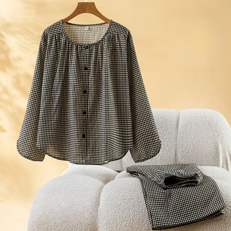 Women's 100% A-Class Cotton Pajama Set Ultra Soft Infant Grade Gingham Ruched Neck Puff Sleeve Loose Home Sleep Wear