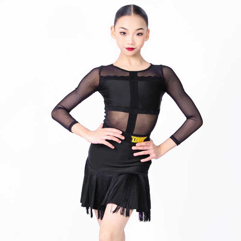 

Girl Latin Dance Performance Wear Black Long Sleeve Dance Dress Fringe Skirt For Training Samba Rumba Stage Costume New VDL3251