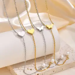 Heart Butterfly Pendant Necklace for Women, Stainless Steel Y Shape Necklace, High Polish Animal Gold Color Jewelry Gift