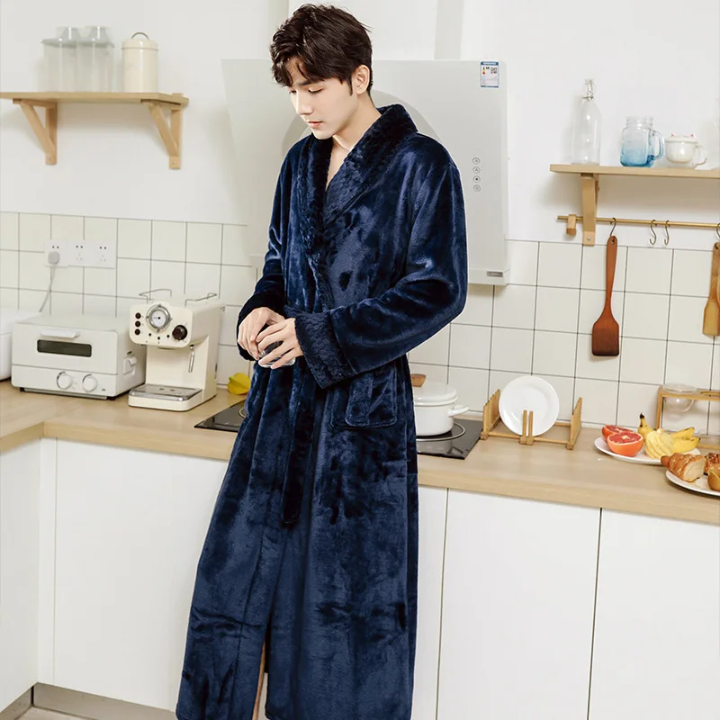 Men Flannel Long Robe Thickened Warm Sleepwear Casual Loose Lapel Bathrobe Gown Autumn Winter Coral Fleece Nightwear Home Wear